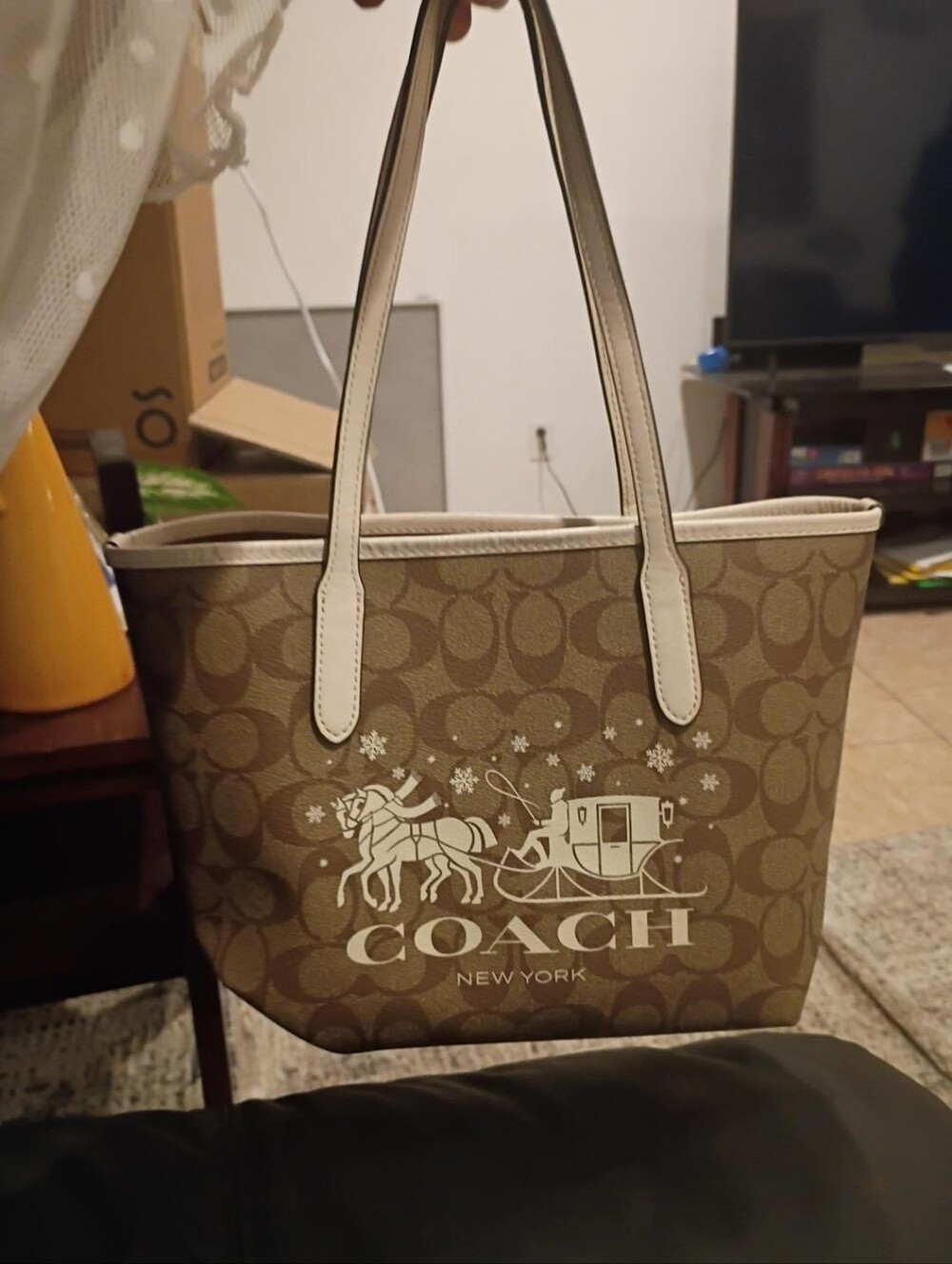 Coach Tan Signature Tote with White Coach Logo and Trim